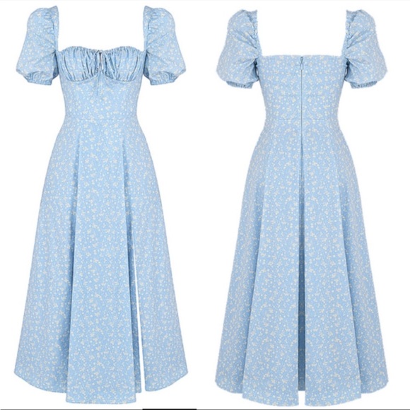 House of CB ‘Tallulah’ Blue Ivory Puff Sleeve Midi Dress NWOT - Picture 7 of 12